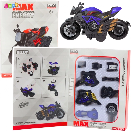 Motocykel na zloženie 1:14, kovovo-plastový model, čierno-modrý