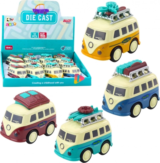 Camper toy with friction drive and moving roof luggage