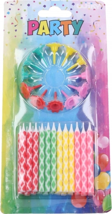 Colorful party candles with holders, 24 candles + 12 holders