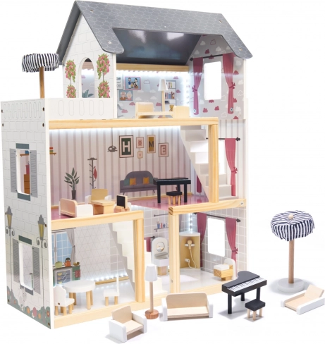Dřevěný domeček pro panenky z MDF, černý, 78 cm s LED osvětlením