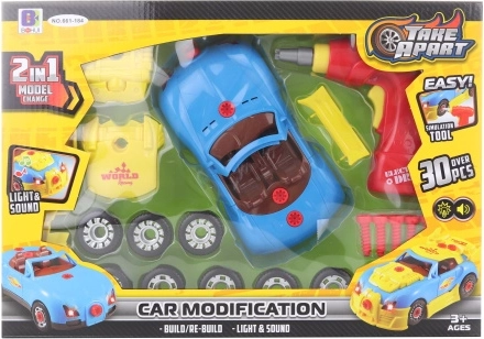 Screw-together car construction set with lights and sounds