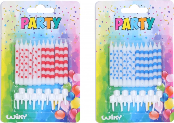 Birthday candles with polka dots and stripes, 12 pcs + holders