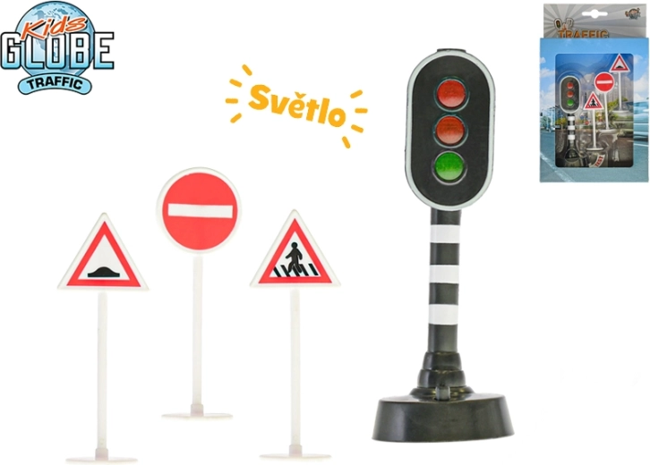 Feu tricolore à piles avec lumière 13 cm + 3 panneaux de signalisation KIDS GLOBE TRAFFIC