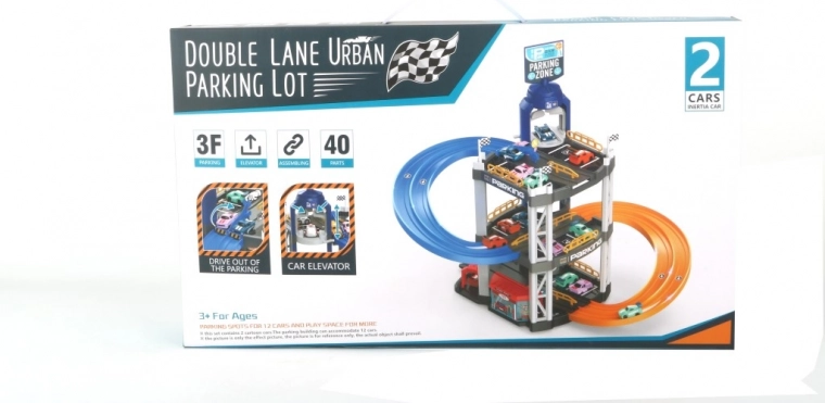 City Parking Garage – 3-level parking playset with elevator, car wash and gas station, 40 pieces, 2 cars