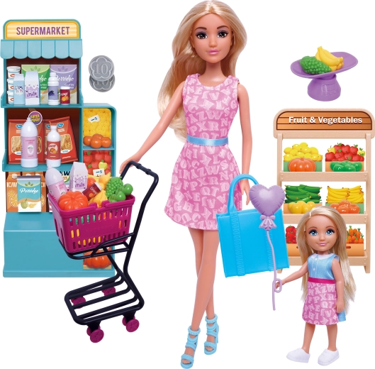 Dukkesæt med indkøbsvogn til supermarkedet