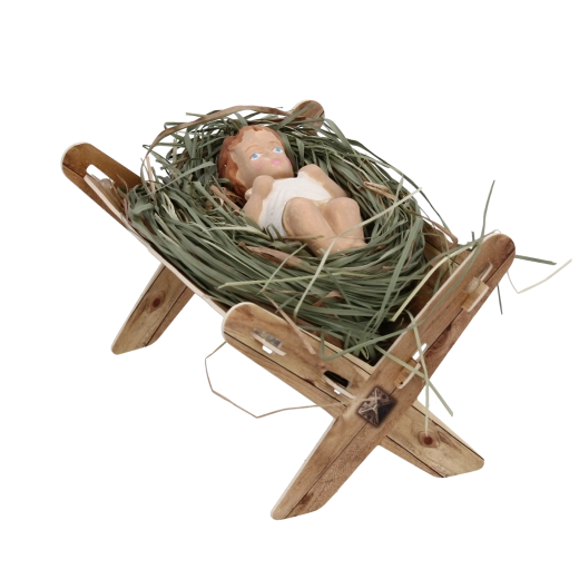 Figur af Jesusbarnet i krybbe, lille, farverig