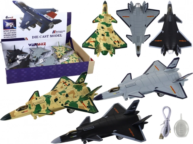Friction-powered fighter jet model with steam effect, rechargeable, 3 colors