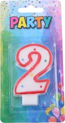 Party candle number 2 for cake – white with red border and polka dots