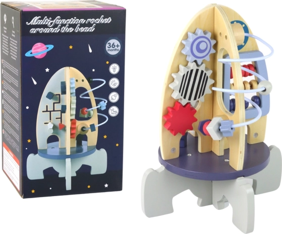 Razzo educativo in legno con labirinto di perline e ingranaggi