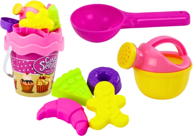 Pink sand play set with sweets theme – bucket, watering can and molds, 8 pieces