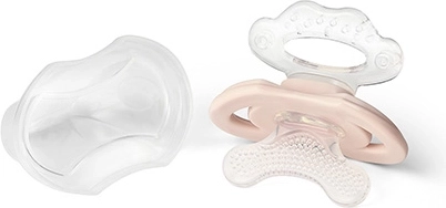 BABYONO silicone teether in pacifier shape with cap, BPA-free, beige, 3m+