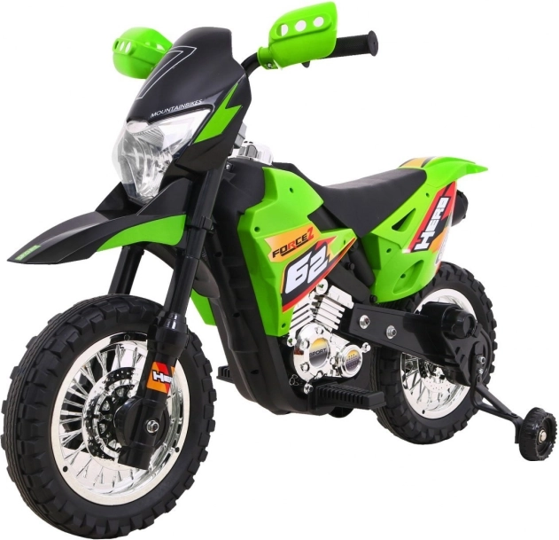 Kids’ electric dirt bike – green, with training wheels and LED lights