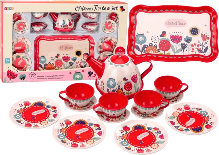 Koffieset Theekopjes Theepot Dienblad Rode koffiebar 15 dlg.