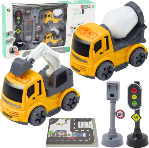 Sæt til børn: trafiklys med fotofælde, legeunderlag og bygge-biler med lys og lyde