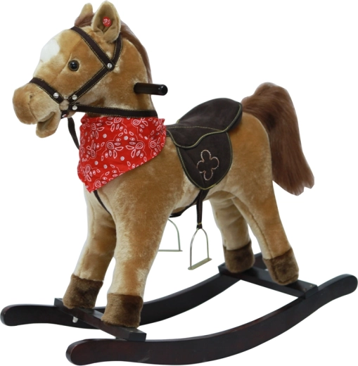 Koń na biegunach jasnobrązowy z dźwiękami i ruchomą paszczą