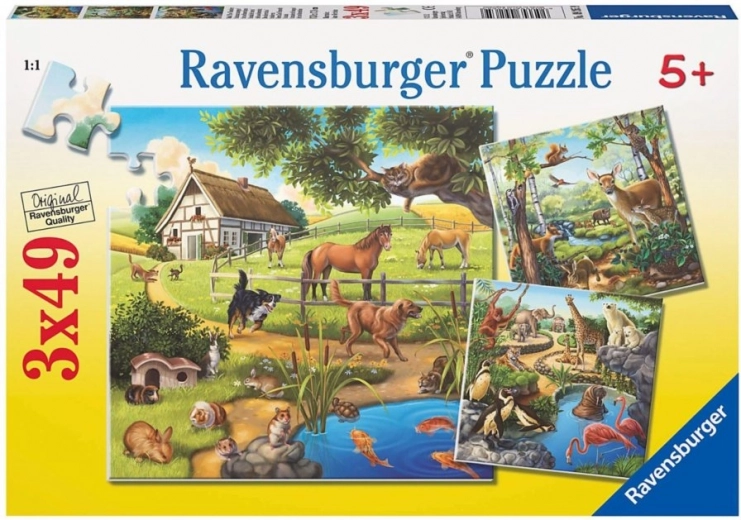 Sestavljanka RAVENSBURGER živali v gozdu, v ZOO in na kmetiji 3×49 koščkov