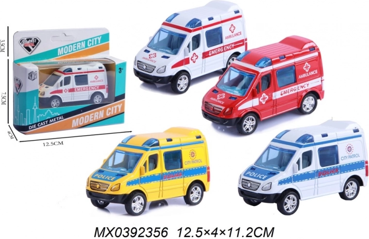Die-cast police car and ambulance model with pull-back drive