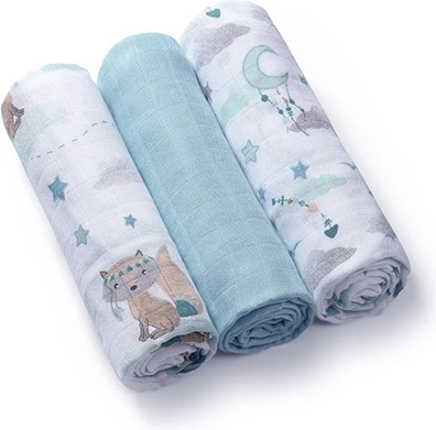 BABYONO Bamboo Muslin Nappies 70 × 70 cm, 3 pcs, Blue