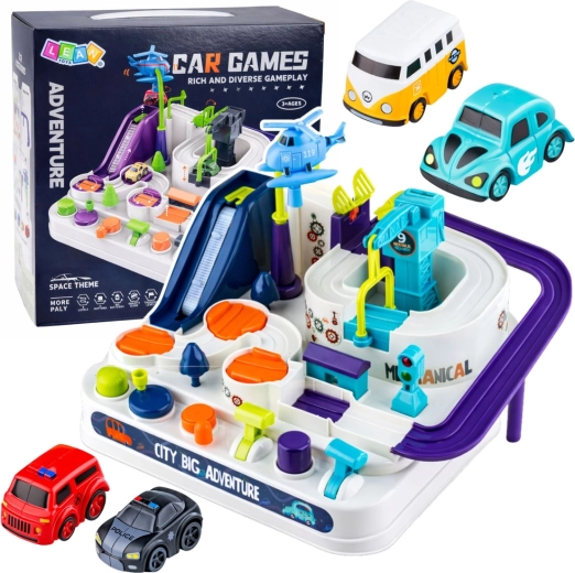 Set interattivo cittadino di pista con ostacoli, parcheggio e 4 macchinine