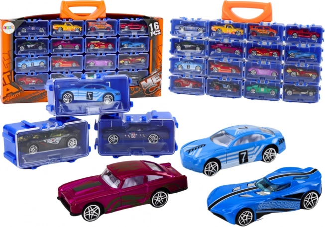 Set metalen autootjes in koffer, 16 stuks