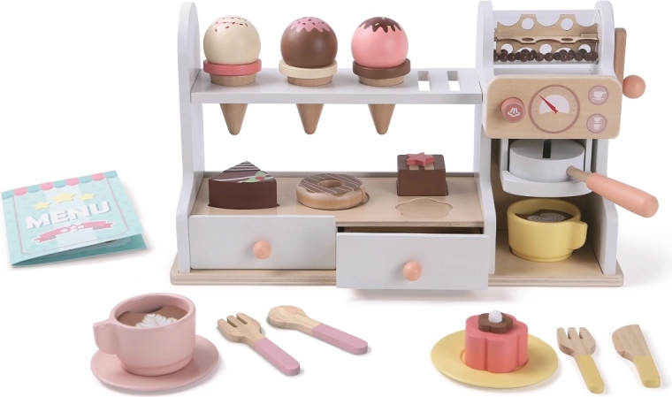 Wooden bakery and café 2-in-1 – 46-piece set for kids’ shopkeeper and barista play