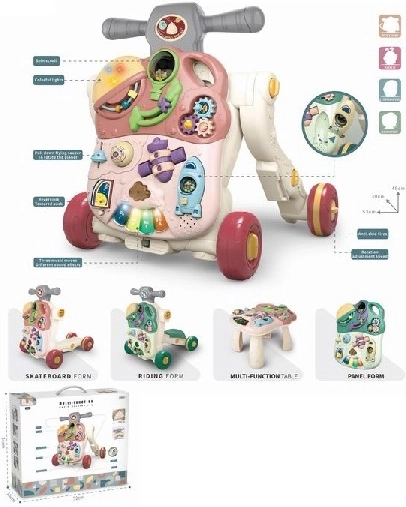 Girello in legno rosa per bambini con attività interattive