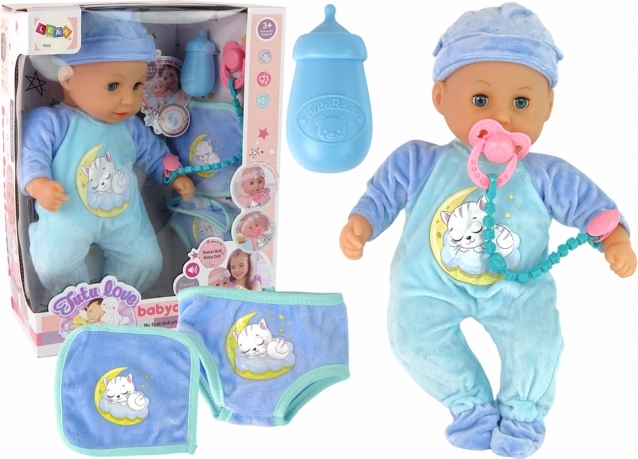 Babypop met geluiden en blauwe pyjama met kat