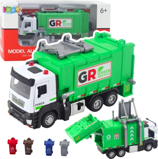 Garbage truck with flywheel, lights and sounds – 4 waste bins, green