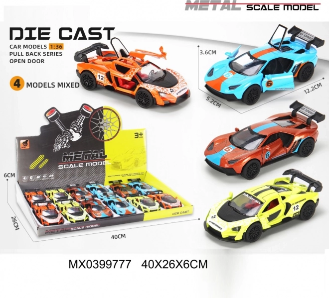 Kovové závodní autíčko 1:36 s otevíracími dveřmi a pohonem na setrvačník