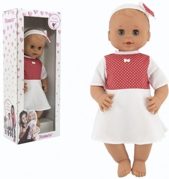 Bambola Hamiro occhi ammiccanti 50 cm con corpo rigido e vestito bianco con pois rossi