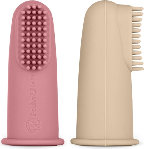 PETITE&MARS Silicone Finger Toothbrush Set for Babies, Pink and Sand, 2 pcs