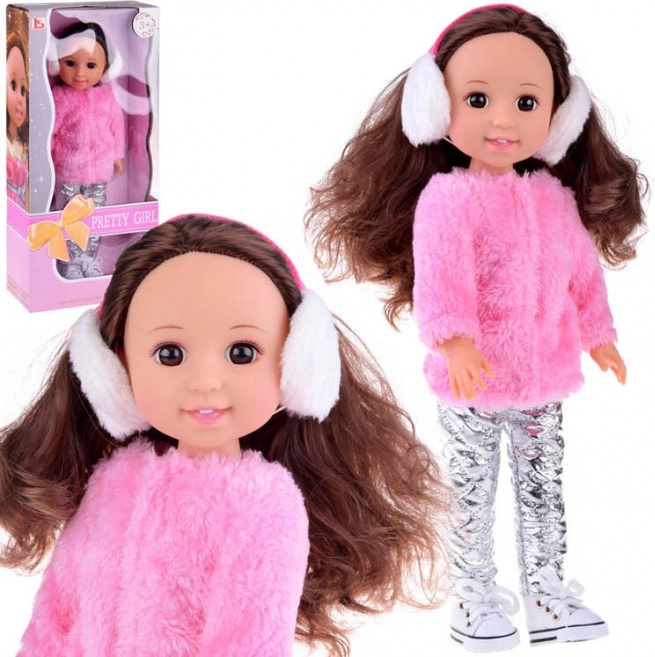38 cm doll in a winter pink faux fur coat and white ear muffs