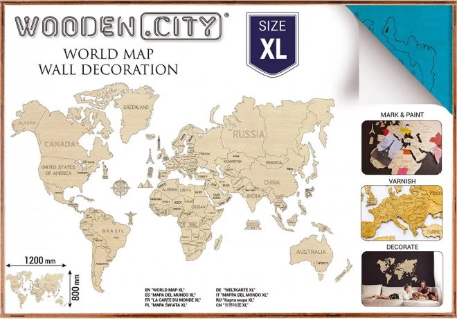 Mappa del mondo in legno per parete 3D XL – turchese naturale