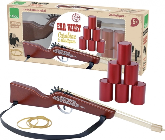 Vilac Wild West Rifle – wooden rubber band toy with can shooting