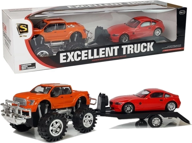Vehicle set: orange monster truck with tow trailer and red sports car 58 cm