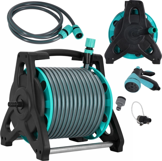 Tuyau de jardin sur enrouleur 30 m avec support et pistolet d’arrosage