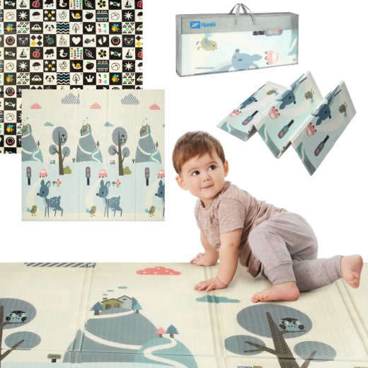 Humbi foldable double-sided XPE foam play mat 200 × 180 cm with forest road and high-contrast images