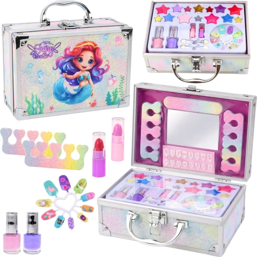 Glitterende cosmetische koffer met zeemeerminmotief – kinderset voor make-up en nagels
