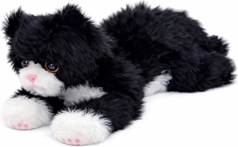Plysbamse kat liggende sort‑hvid 38 cm