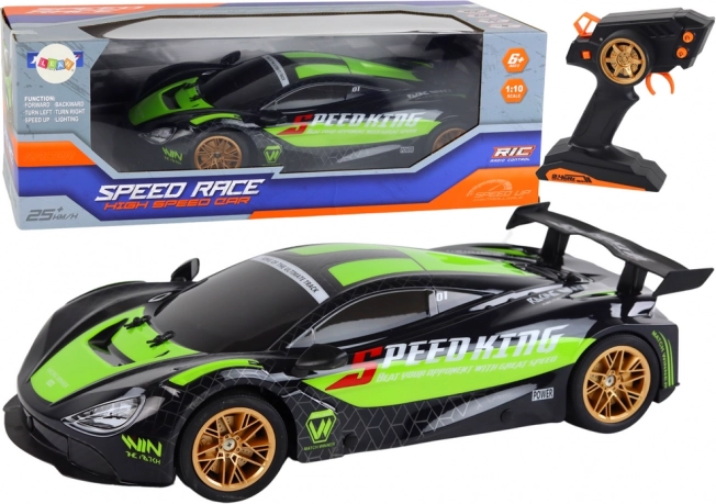 RC sports car 1:10 green‑black with LED and 2.4 GHz
