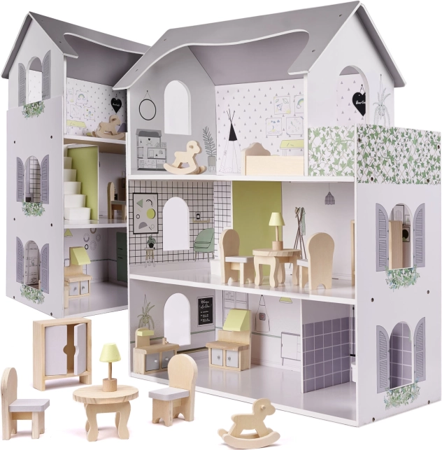 Wooden Dollhouse with Grey Accessories