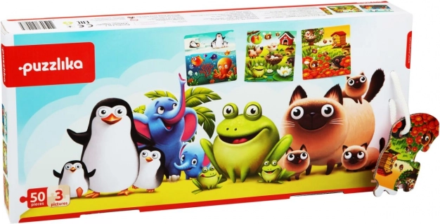 Puzzlika favoriete dieren 3-in-1 – kinderpuzzel 3 afbeeldingen, 50 stukjes