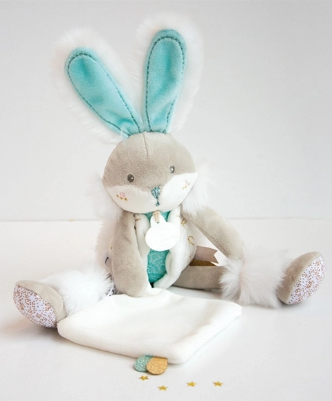 Coffret cadeau Doudou – lapin en peluche avec couverture 31 cm – Turquoise