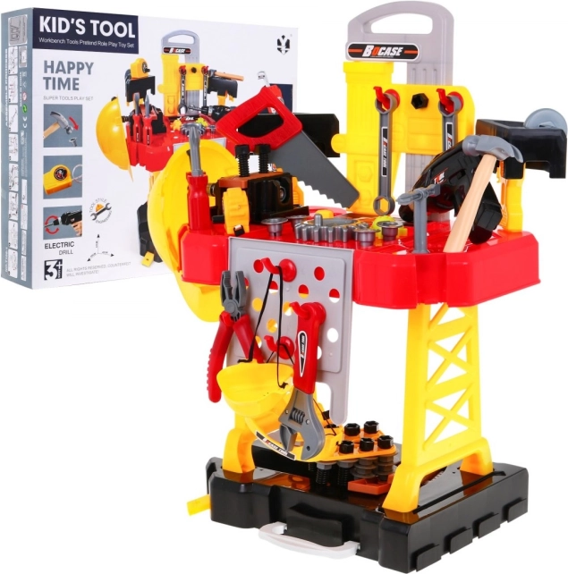 Set di attrezzi per bambini 3 in 1 – valigetta, banco da lavoro e costume da capocantiere, 85 pezzi