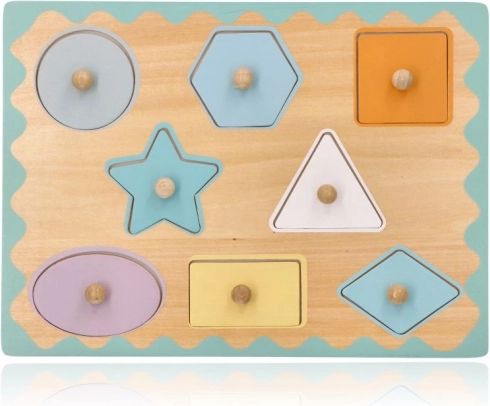 Houten inlegpuzzel met knopjes – vormen