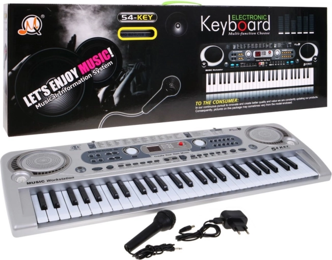 Silver kids' 54-key keyboard synthesizer with microphone and USB recording