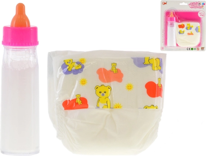 Biberon con “latte” 13,5 cm e pannolino per bambole