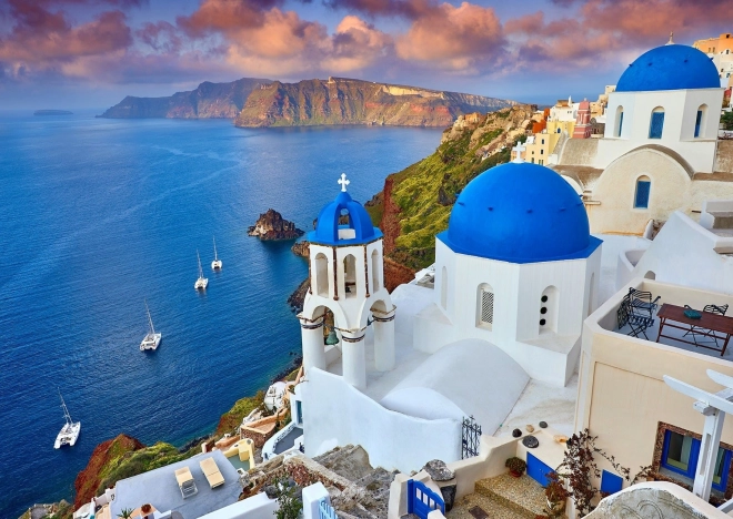Puzzel Santorini – uitzicht op schepen, Griekenland 1000 stukjes