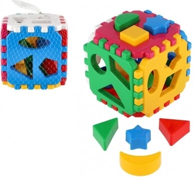 Plastic shape-sorting cube 12 × 12 cm in mesh