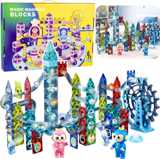 Jeu de construction magnétique – circuit à billes avec grande roue, 118 pièces